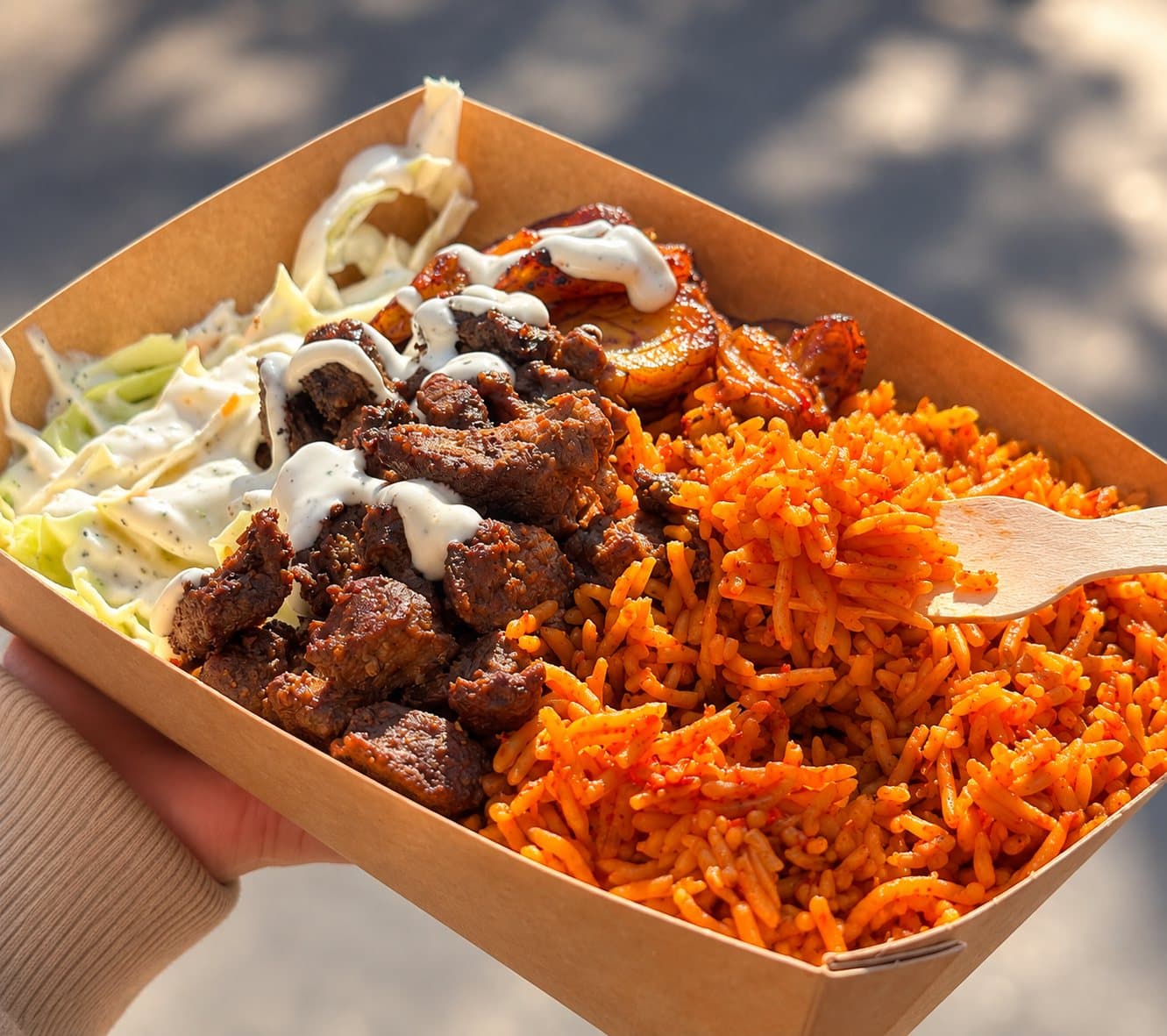 Jollof rice with suya beef, up close